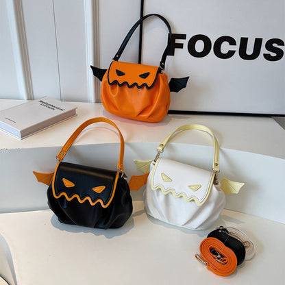 Stylish display of the Funny Crossbody Bag - Halloween Pumpkin Cartoon Design, featuring various colour options with playful wing accents.