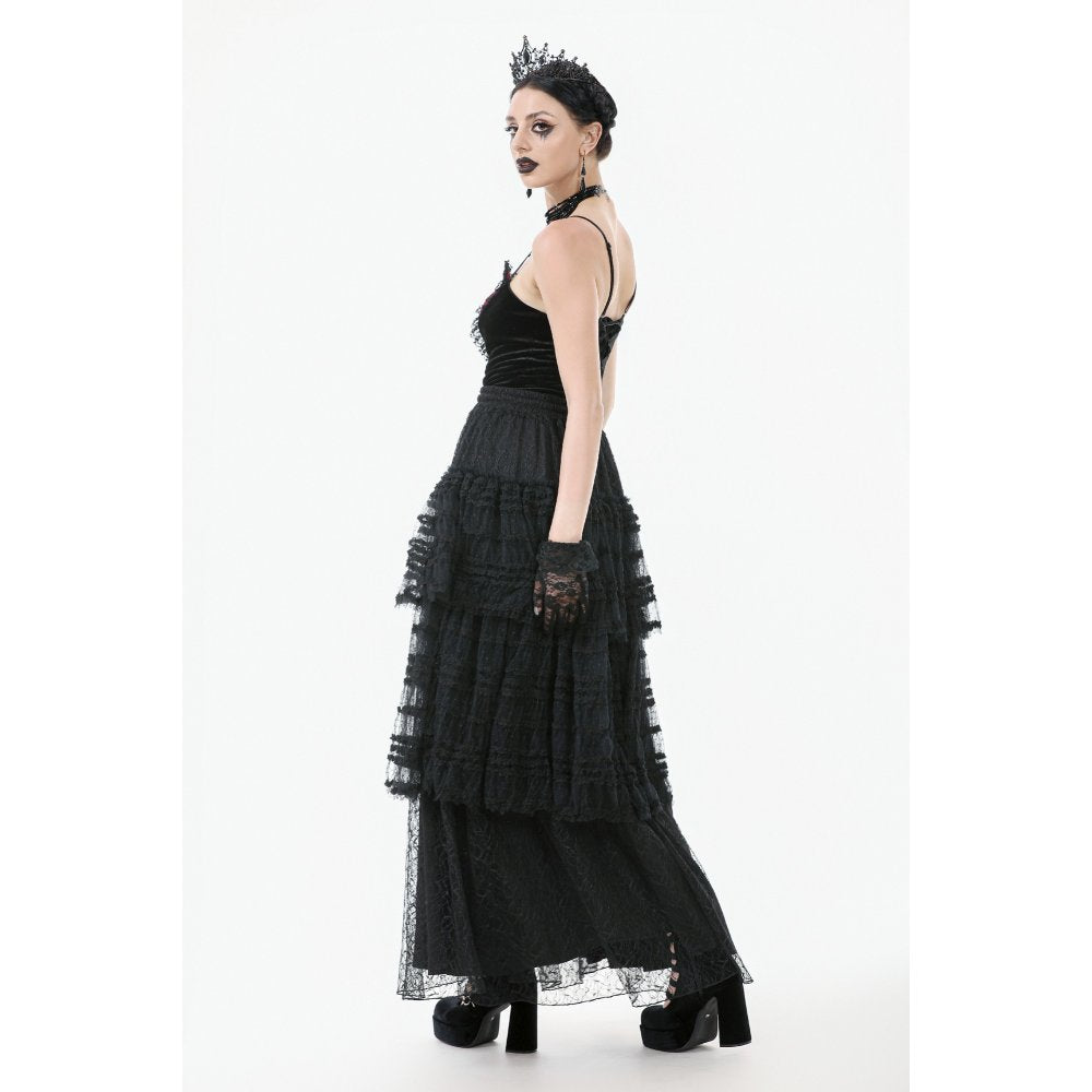 Flowy silhouette of the Morticia Gothic Skirt, demonstrating the adjustable high waist and dramatic tiered movement worn elegantly.
