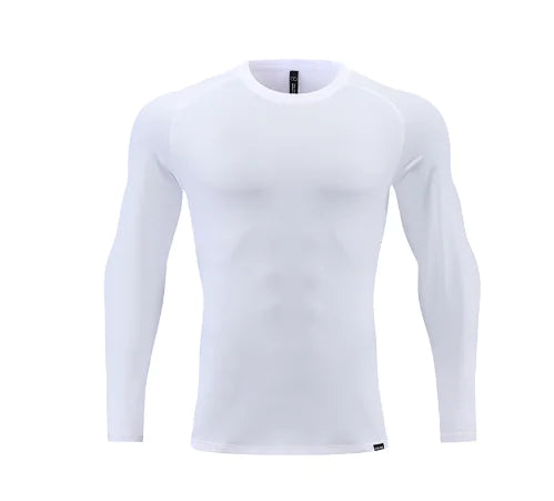Men's long sleeve compression shirt in pristine white, combining elegance with functionality, perfect for activewear with its breathable and moisture-wicking properties.