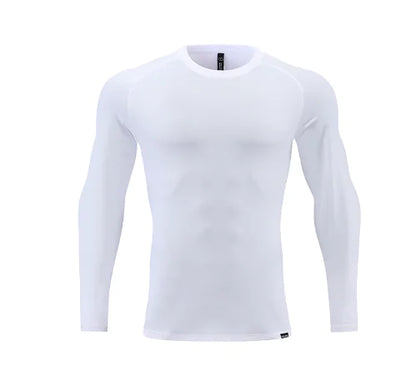 Men's long sleeve compression shirt in pristine white, combining elegance with functionality, perfect for activewear with its breathable and moisture-wicking properties.