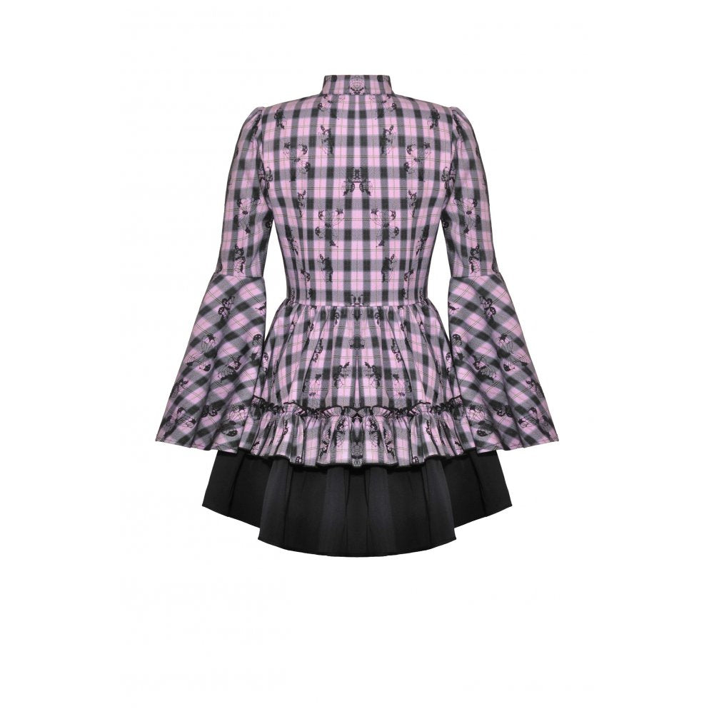 Close-up view of the luxurious fabric of the Dark In Love Ellery dress featuring intricate pink butterfly patterns and soft texture blending polyester and rayon.