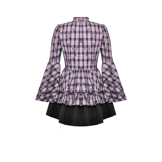 Close-up view of the luxurious fabric of the Dark In Love Ellery dress featuring intricate pink butterfly patterns and soft texture blending polyester and rayon.