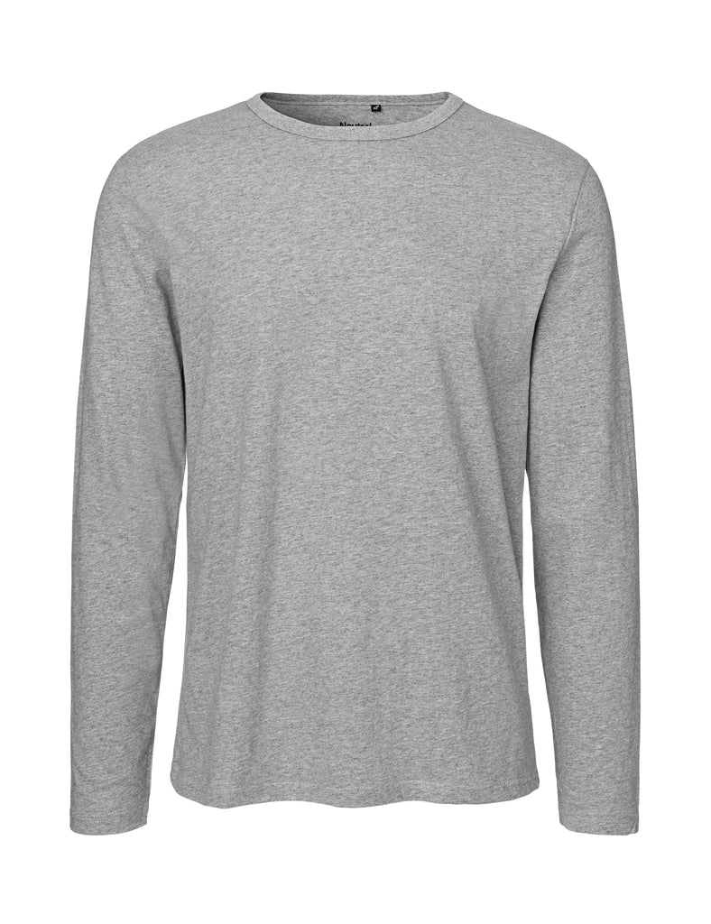 Eco-friendly Fairtrade certification tag visible on the Organic Combed Cotton Long Sleeve T-Shirt, emphasizing the commitment to ethical fashion.