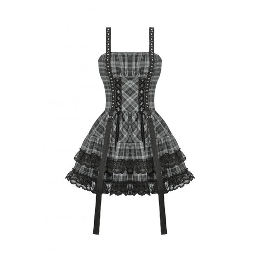 Close-up view of the Dark In Love Punk Style Dress showcasing the exquisite metal studs and corset lacing details on a grey tartan fabric.