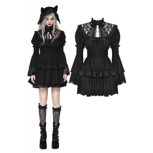 Dark In Love Arya Gothic lace doll dress showcasing intricate black lace details and a chic ruffled skirt, perfect for a Victorian-inspired look.