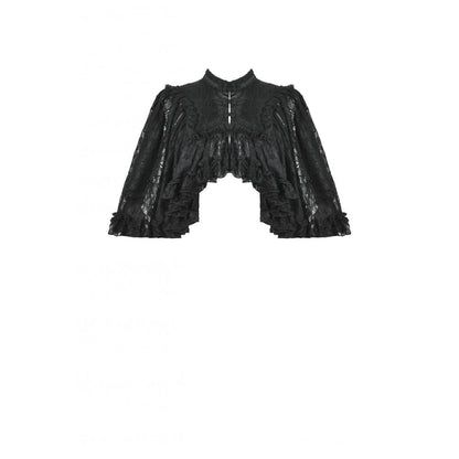 Close-up view of the luxurious lace material of the Dark in Love Zuri Vintage Lace Cape, featuring delicate ruffled trim and sophisticated design elements.