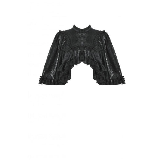 Close-up view of the luxurious lace material of the Dark in Love Zuri Vintage Lace Cape, featuring delicate ruffled trim and sophisticated design elements.