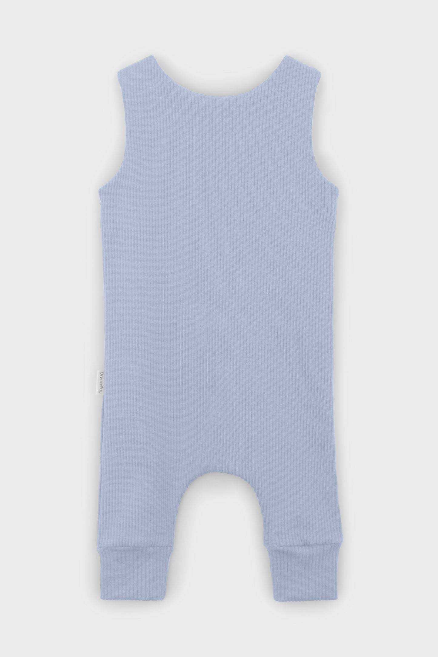 Chic powder blue dungarees for babies by DreamBuy, emphasizing luxury with their easy pull-on design and personalised embroidery options.