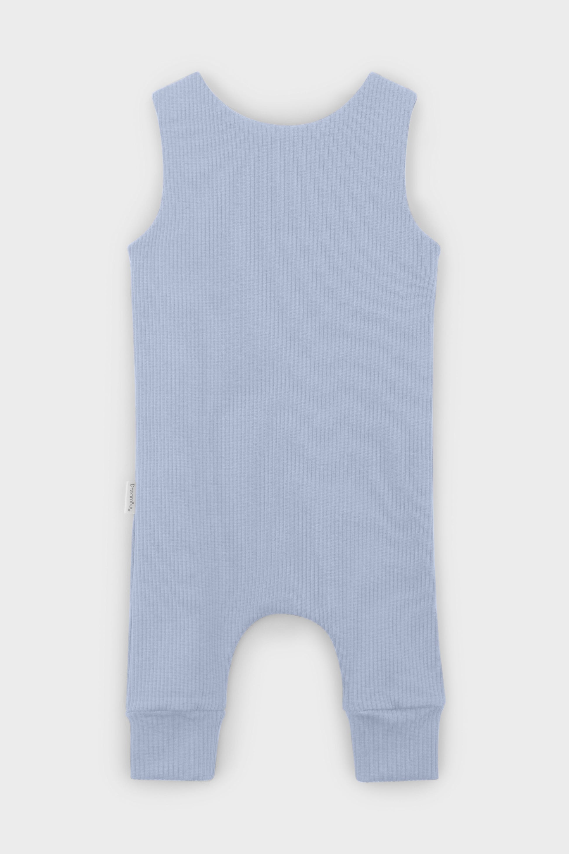 Chic powder blue dungarees for babies by DreamBuy, emphasizing luxury with their easy pull-on design and personalised embroidery options.