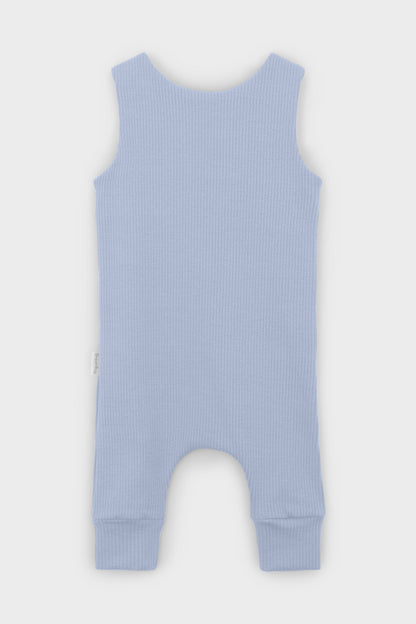 Chic powder blue dungarees for babies by DreamBuy, emphasizing luxury with their easy pull-on design and personalised embroidery options.