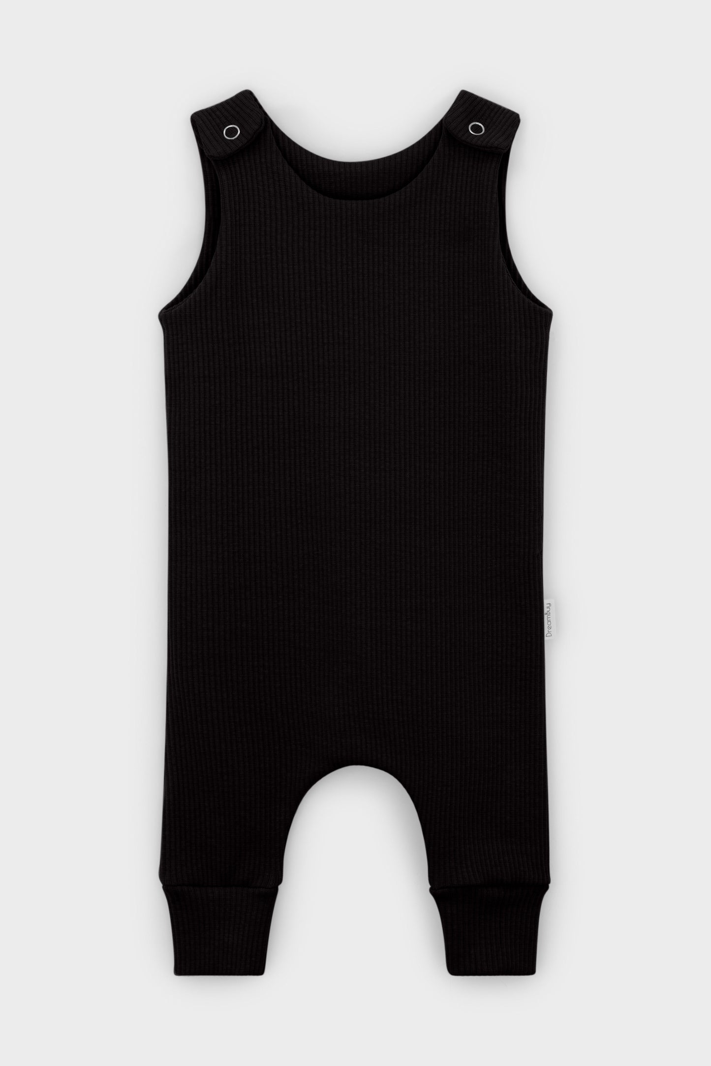 Charming black dungarees for infants, featuring custom embroidery, created for comfort by DreamBuy.