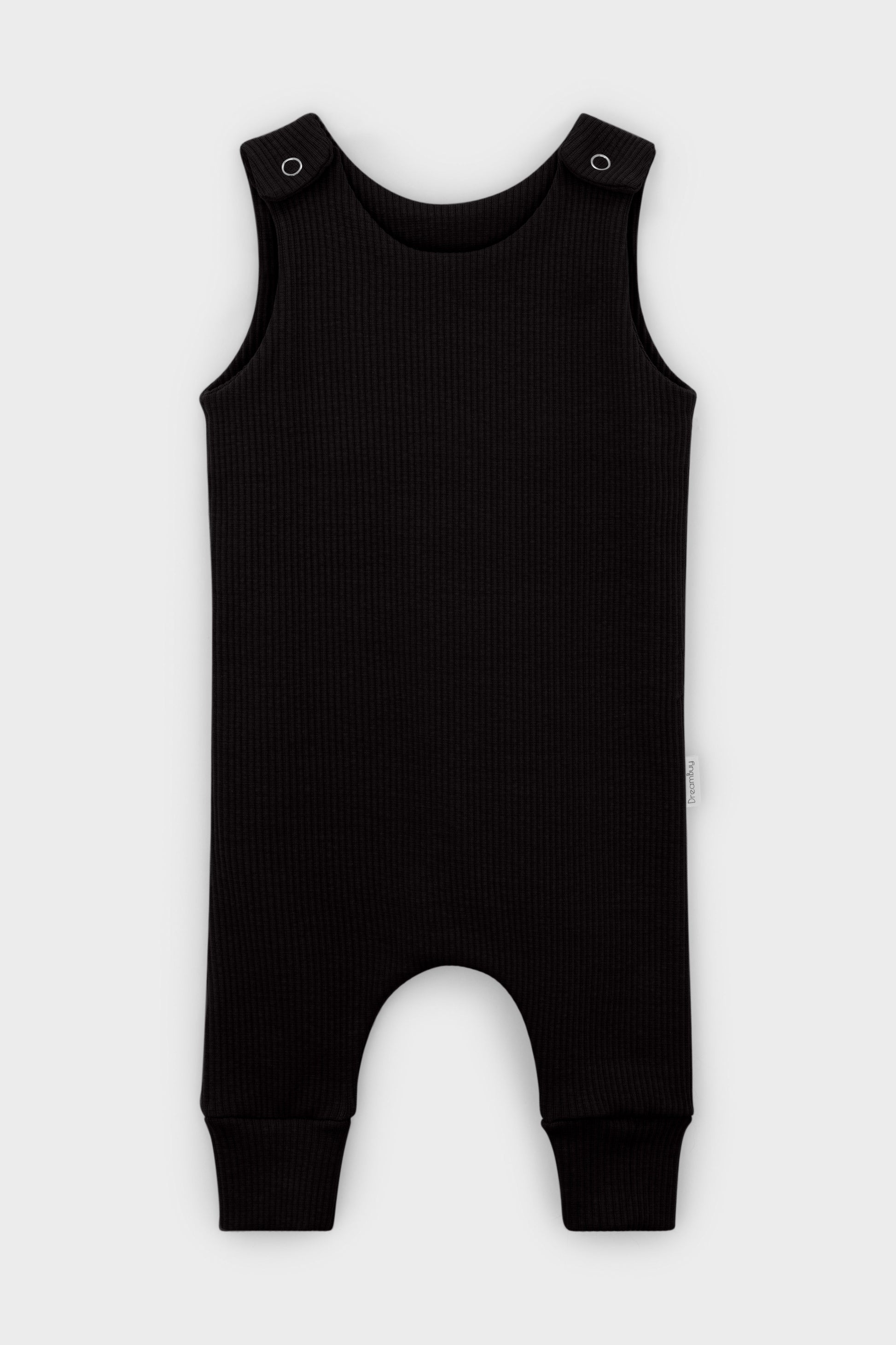 Charming black dungarees for infants, featuring custom embroidery, created for comfort by DreamBuy.