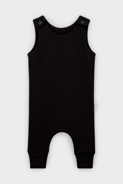 Charming black dungarees for infants, featuring custom embroidery, created for comfort by DreamBuy.