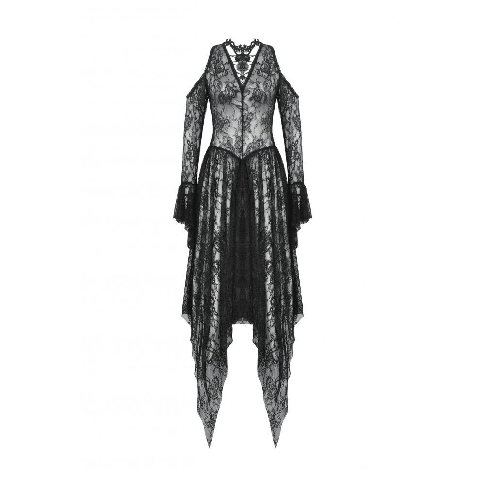 Close-up of the intricate lace and rhinestone embellishments on the Dark in Love Carys Gothic Off-Shoulder Dress.