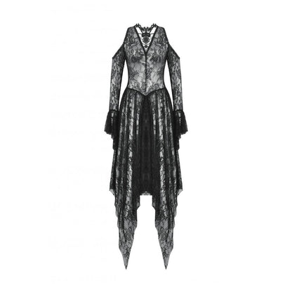 Close-up of the intricate lace and rhinestone embellishments on the Dark in Love Carys Gothic Off-Shoulder Dress.