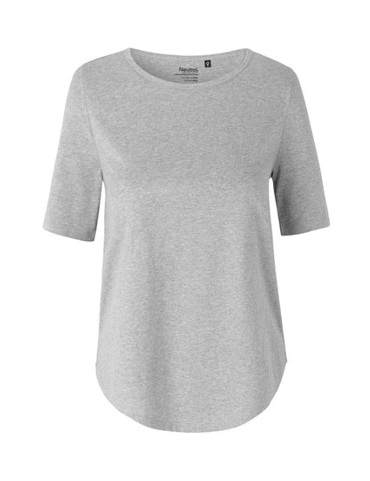 Elegant elbow-length sleeve detail of the organic women's t-shirt, showcasing sustainable fashion and premium comfort.