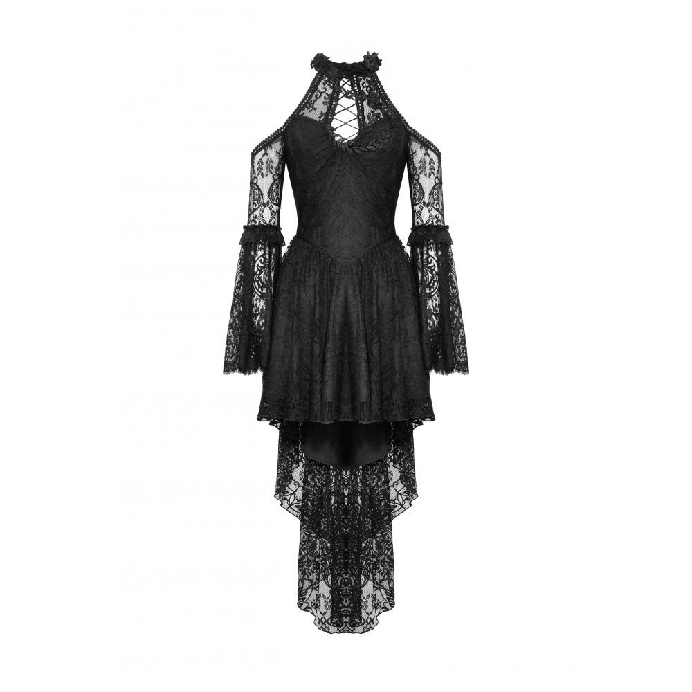Elegant Dark in Love Gothic dress with lace detailing, displaying the unique cold-shoulder look perfect for gothic fashion enthusiasts.