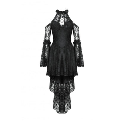 Elegant Dark in Love Gothic dress with lace detailing, displaying the unique cold-shoulder look perfect for gothic fashion enthusiasts.