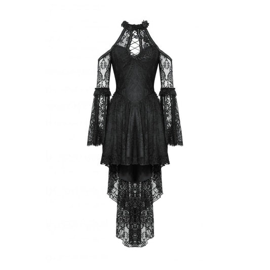 Elegant Dark in Love Gothic dress with lace detailing, displaying the unique cold-shoulder look perfect for gothic fashion enthusiasts.