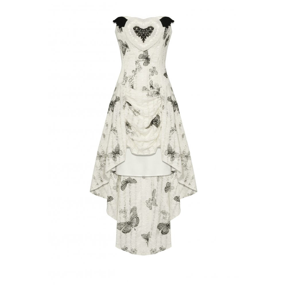 Dark In Love Zosia Black Butterfly Lace Dress, showcasing intricate butterfly and lace details on vintage off-white fabric, elegant high-low design for a gothic feel.