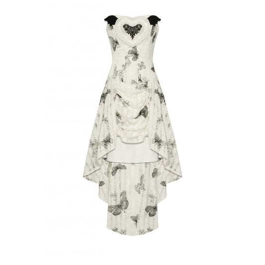 Dark In Love Zosia Black Butterfly Lace Dress, showcasing intricate butterfly and lace details on vintage off-white fabric, elegant high-low design for a gothic feel.