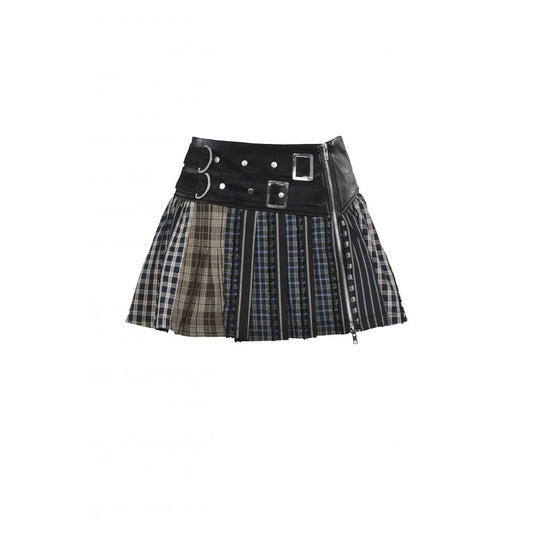 Close-up view of the Dark In Love mini skirt featuring its unique patchwork design and stylish faux leather belt with silver buckles.
