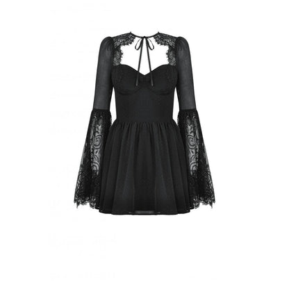 Close-up of the intricate lace design on the Dark in Love Greta Dress highlighting sophisticated details and flared silhouette.