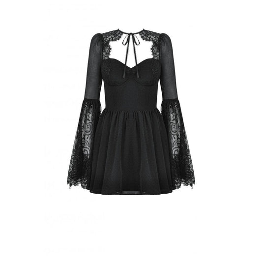 Close-up of the intricate lace design on the Dark in Love Greta Dress highlighting sophisticated details and flared silhouette.