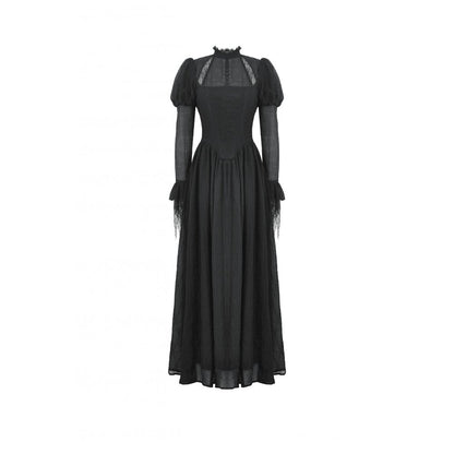 Close-up of the intricate sheer lace fabric of the Dark in Love Harlow Gothic Maxi Dress highlighting elegant Victorian design elements.