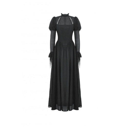 Close-up of the intricate sheer lace fabric of the Dark in Love Harlow Gothic Maxi Dress highlighting elegant Victorian design elements.