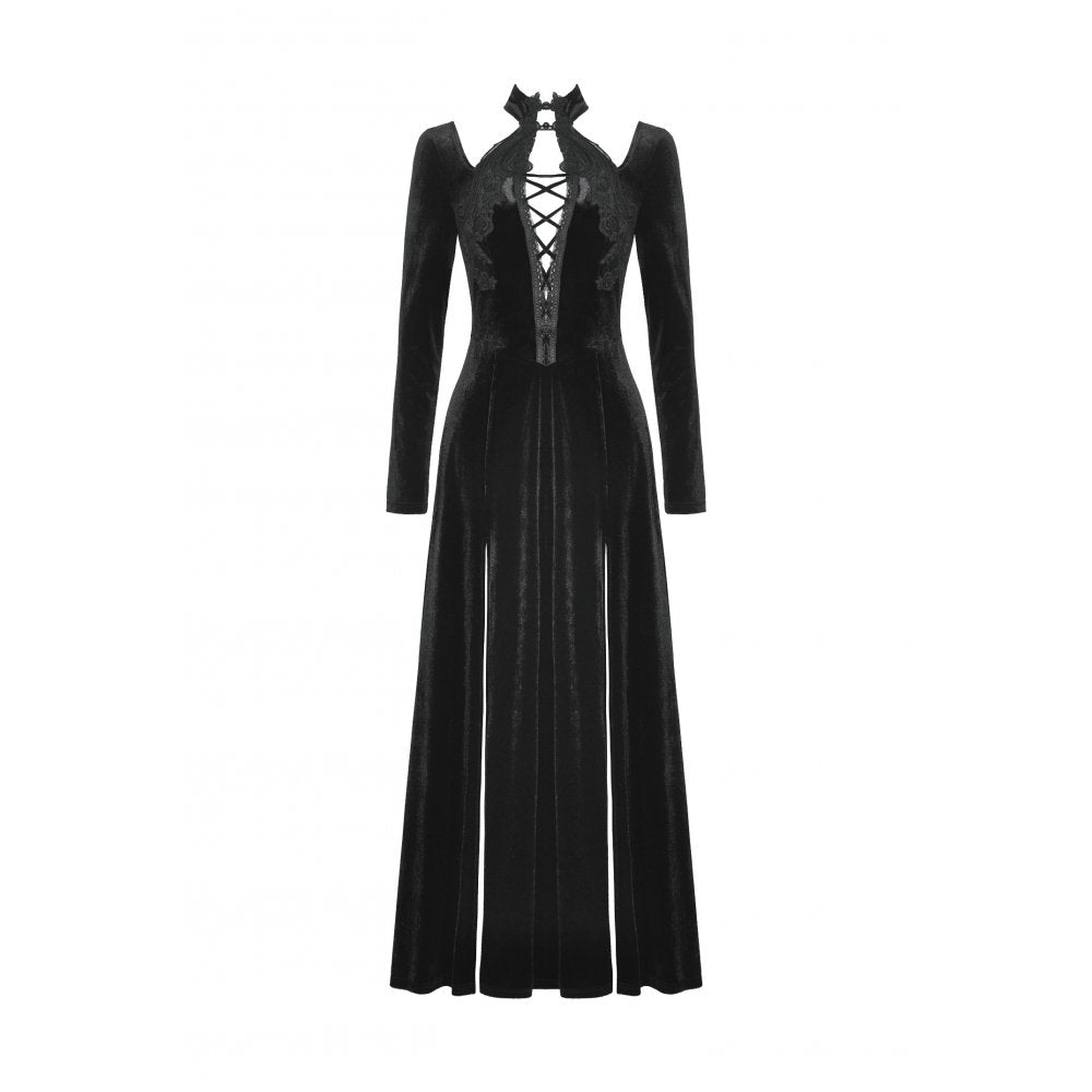 Full length display of the Dark in Love Vera Gothic Velvet Maxi Dress with high-slit, featuring gothic-inspired aesthetics, perfect for high-end fashion enthusiasts.