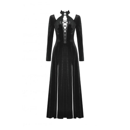 Full length display of the Dark in Love Vera Gothic Velvet Maxi Dress with high-slit, featuring gothic-inspired aesthetics, perfect for high-end fashion enthusiasts.