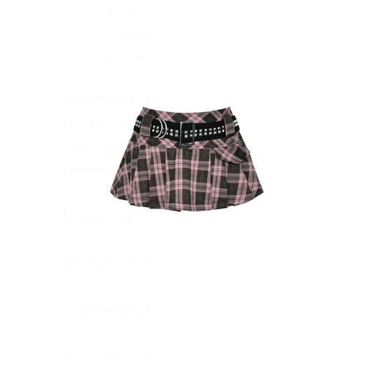 Close-up of Dark In Love Rowan mini skirt fabric, highlighting intricate plaid pattern and edgy studded details.