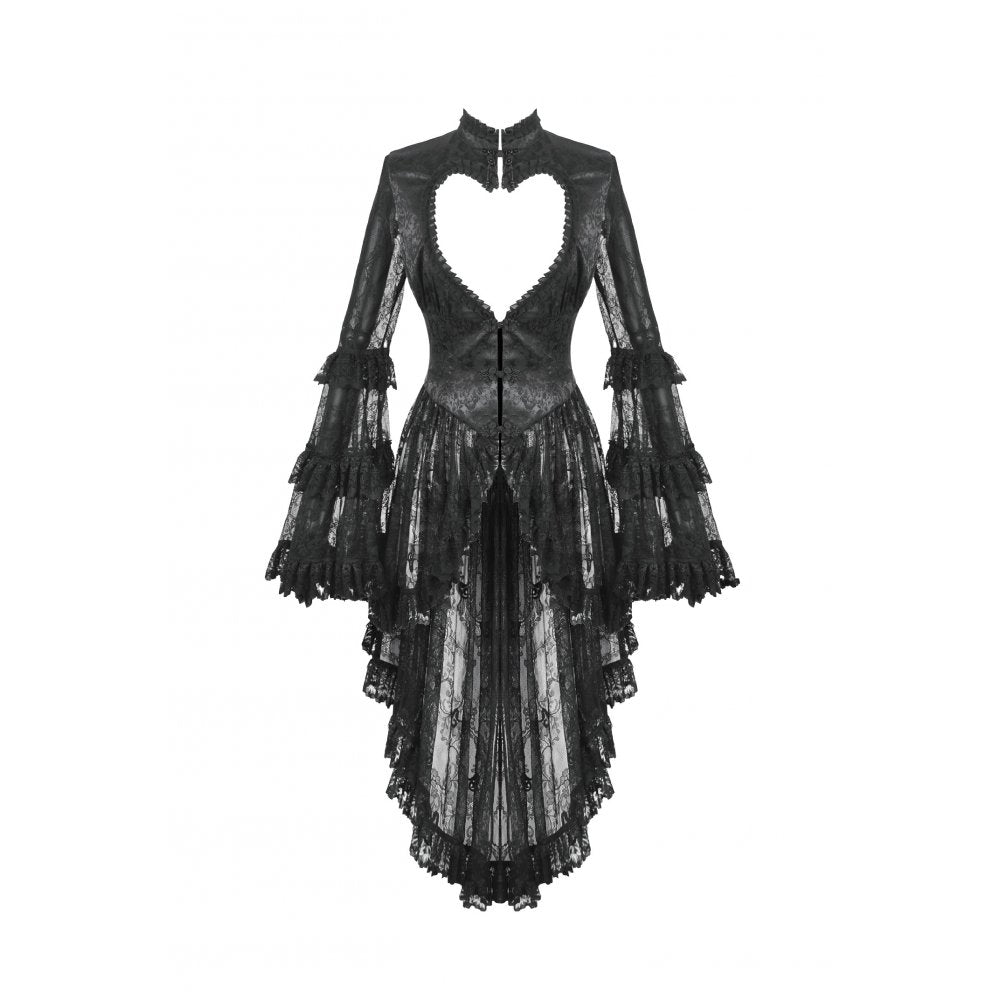 Close-up of the gothic tailcoat showcasing the exquisite lace accents and dramatic heart-shaped cut-outs, ideal for a sophisticated and romantic look.