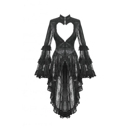 Close-up of the gothic tailcoat showcasing the exquisite lace accents and dramatic heart-shaped cut-outs, ideal for a sophisticated and romantic look.