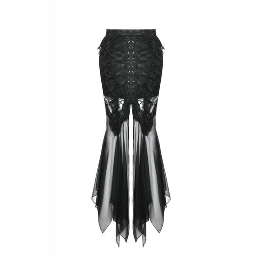 Close-up view of Dark in Love Nevaeh Skirt, highlighting the exquisite lace and embroidery, ideal for gothic and sophisticated outfits.