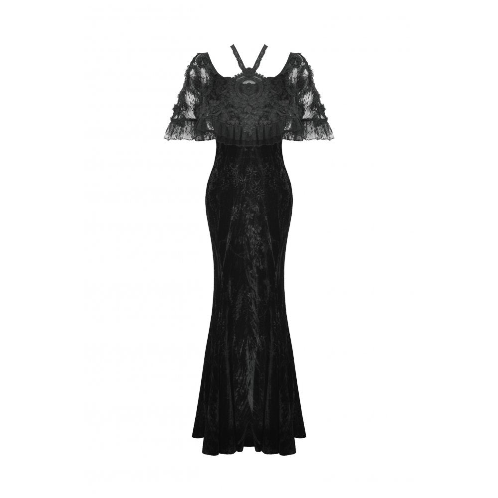 Close-up view of the Dark Rose embroidery on the Dark in Love Alazne Mermaid Maxi Dress, highlighting the luxurious detailing and gothic charm.