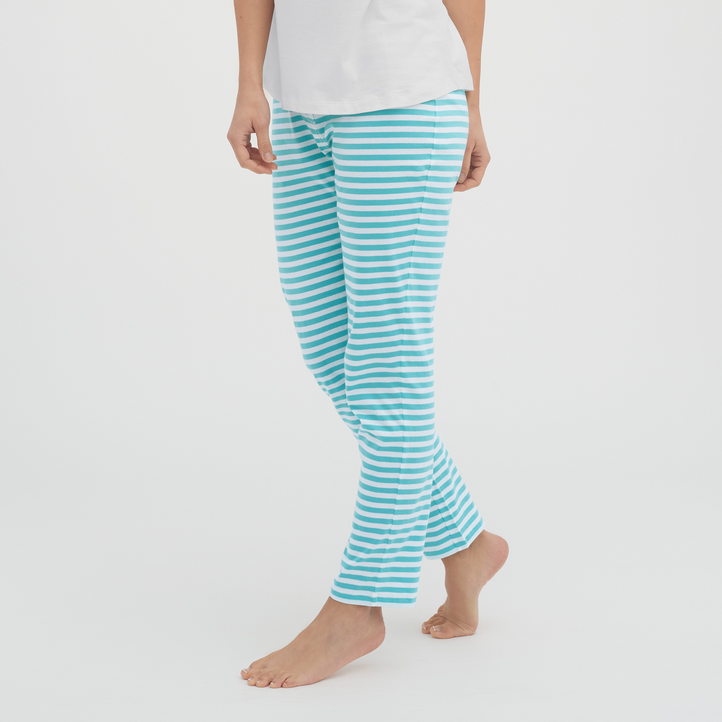 Stylish display of women's luxury organic cotton sleep leggings, paired with a colour-coordinated top for a chic loungewear look.