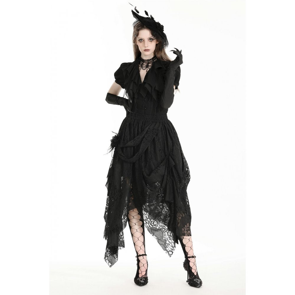 Chic styling of the Dark in Love Abella Distressed Lace Midi Skirt against a vibrant background, emphasizing its unique fashion statement and luxurious texture.