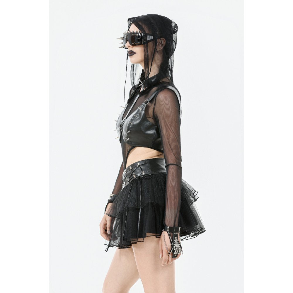 Luxurious Dark in Love Goth Mini Skirt showcasing intricate bonded tulle layers and a studded faux leather waistband adorned with O-rings, ideal for a bold darkwear wardrobe.
