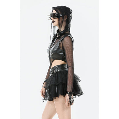 Luxurious Dark in Love Goth Mini Skirt showcasing intricate bonded tulle layers and a studded faux leather waistband adorned with O-rings, ideal for a bold darkwear wardrobe.