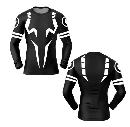 Luxurious black long-sleeve compression shirt featuring a distinctive Sukuna design, ideal for workout enthusiasts who appreciate anime-inspired athletic wear.