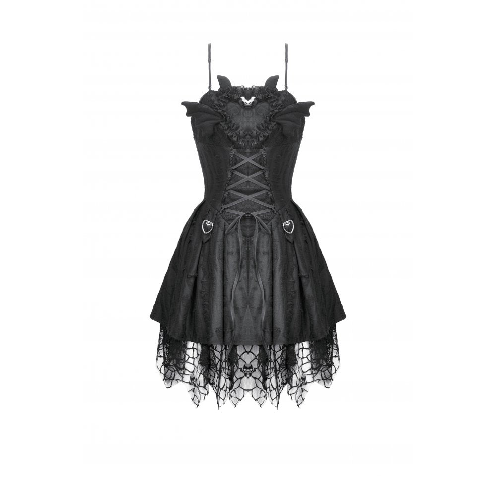 Close-up of intricate ruffle neckline and adjustable spaghetti straps on a lightweight black goth dress.