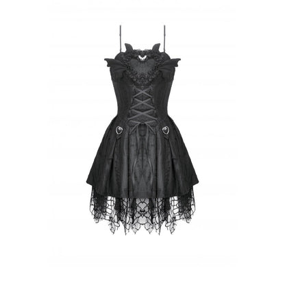 Close-up of intricate ruffle neckline and adjustable spaghetti straps on a lightweight black goth dress.