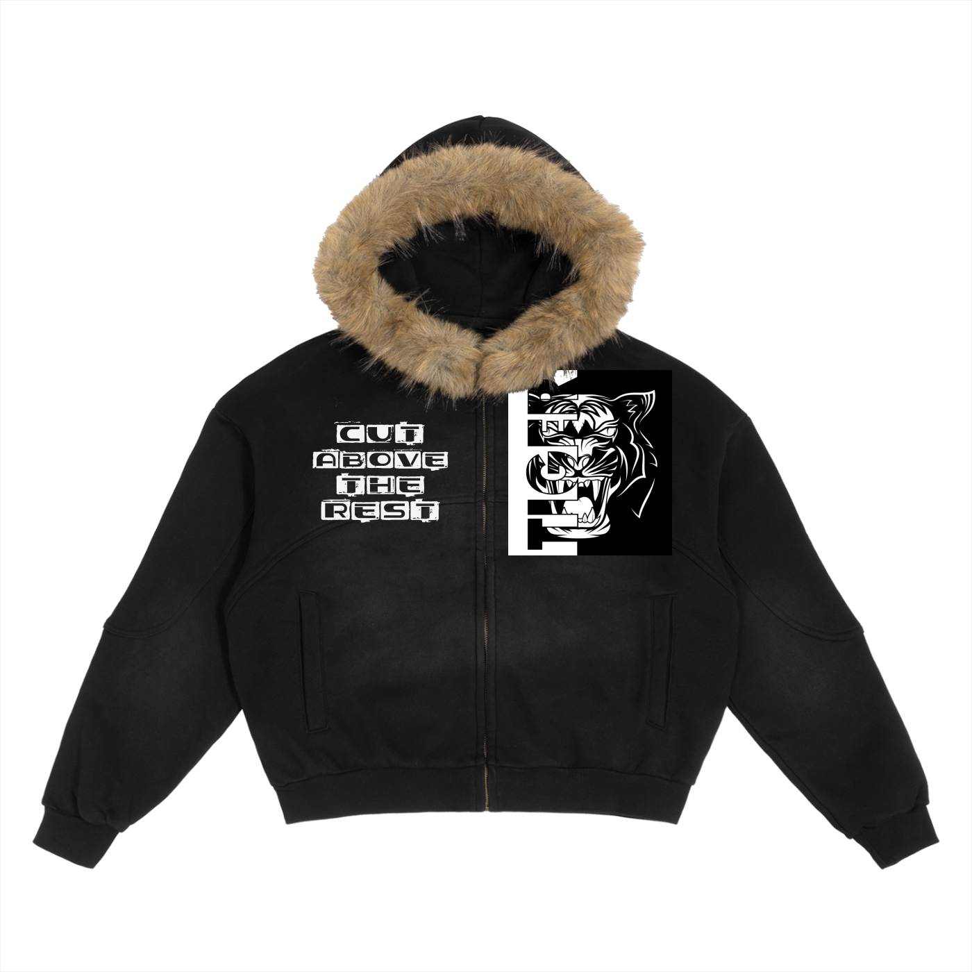 Luxury boxy hoodie with detachable fur trim for unisex, showcasing an oversized style, perfect for winter outdoor activities.