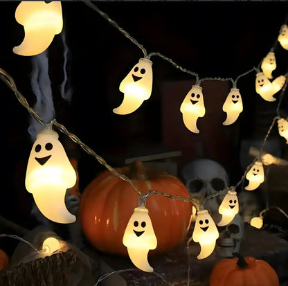 Charming PVC Soft Material Halloween Lighting Chain adorned with cheerful ghost figures and pumpkins, enhancing the festive ambiance of Halloween decorations.