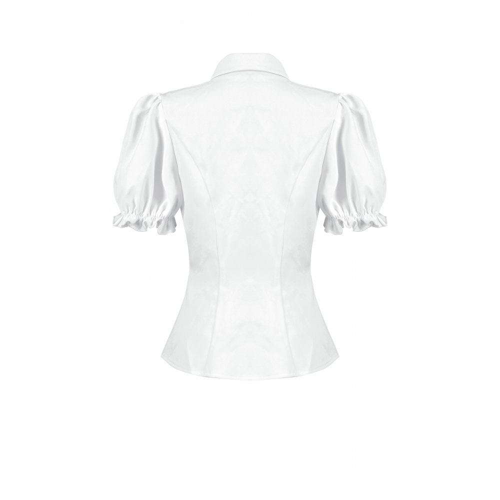 Dark in Love Elysia Gothic Blouse in pristine white showcasing delicate puff sleeves with lace edging, ideal for formal goth aesthetics.