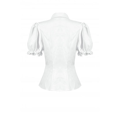 Dark in Love Elysia Gothic Blouse in pristine white showcasing delicate puff sleeves with lace edging, ideal for formal goth aesthetics.