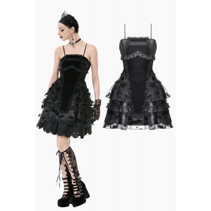 Elegant Dark in Love Morwenna Bat Mesh Layered Goth Mini Dress showcasing its ruffled skirt and intricate lace trim, perfect for gothic evening wear.
