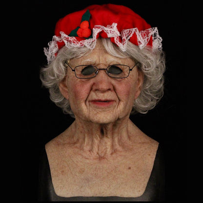 Old White Mask Bald Old Latex Headgear featuring an elderly woman with a red hat and lace trim, perfect for Halloween and cosplay.
